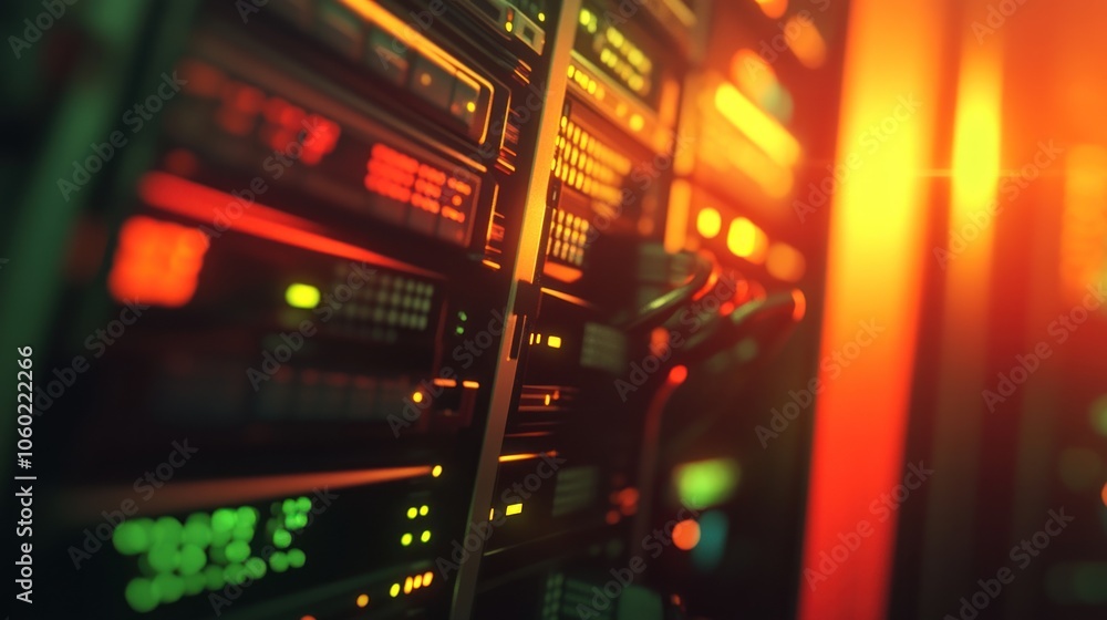 A close-up view of a server rack illuminated with vibrant lights, showcasing technology infrastructure. A close-up view of a server rack illuminated with vibrant lights, showcasing technology infrastructure.