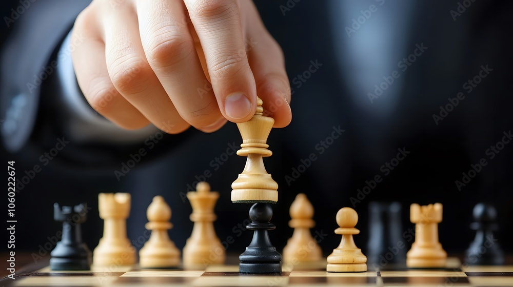 Strategic player moves chess piece to challenge opponent in intense match Strategic player moves chess piece to challenge opponent in intense match