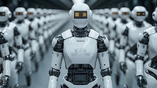 Wallpaper Mural A futuristic scene featuring a line of humanoid robots, showcasing advanced technology and design in a high-tech environment. Torontodigital.ca