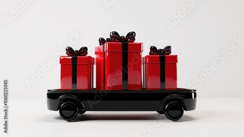 Red Paper boxes parcel in a trolley,concept shopping online,service home delivery,black friday,christmas holiday gift,Shopping cart supermarket with boxes,Sales of products,goods through onlinet. photo