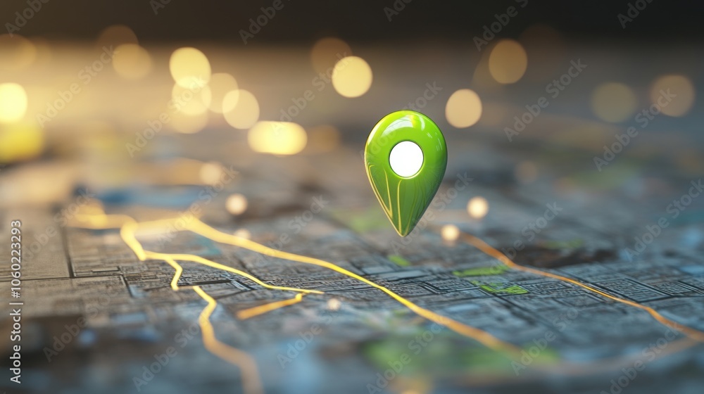 A 3D green map pin hovering over a detailed city map, symbolizing location and navigation. A 3D green map pin hovering over a detailed city map, symbolizing location and navigation.