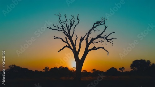 A silhouette of an Indian tree against the backdrop of a sunset, with the sun setting in the background