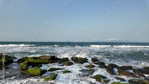 Waves crash over moss-covered rocks on an ocean shore, symbolizing tranquility and Earth Day