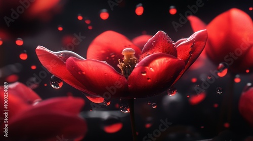 Red Flower with Water Drops