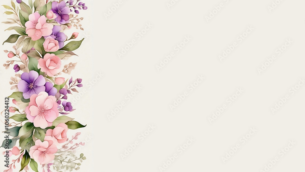 Background for presentation or web page design. On the left is a decorative ribbon in the form of a vertical garland of pink and purple flowers painted in watercolor paint. Сreated AI. Space for text. Background for presentation or web page design. On the left is a decorative ribbon in the form of a vertical garland of pink and purple flowers painted in watercolor paint. Сreated AI. Space for text.