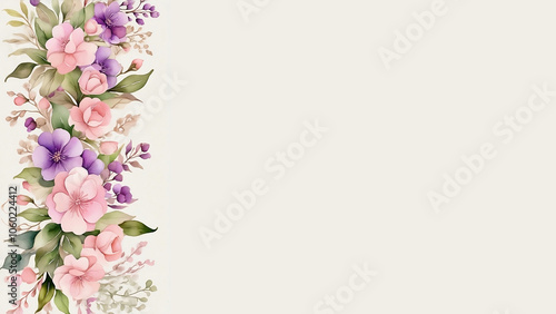 Background for presentation or web page design. On the left is a decorative ribbon in the form of a vertical garland of pink and purple flowers painted in watercolor paint. Сreated AI. Space for text.