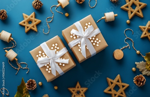 Elegant Hanukkah Gift Boxes with White Ribbons on Blue Background photo