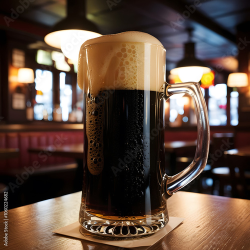 a mug of dark beer sits on a wooden table.