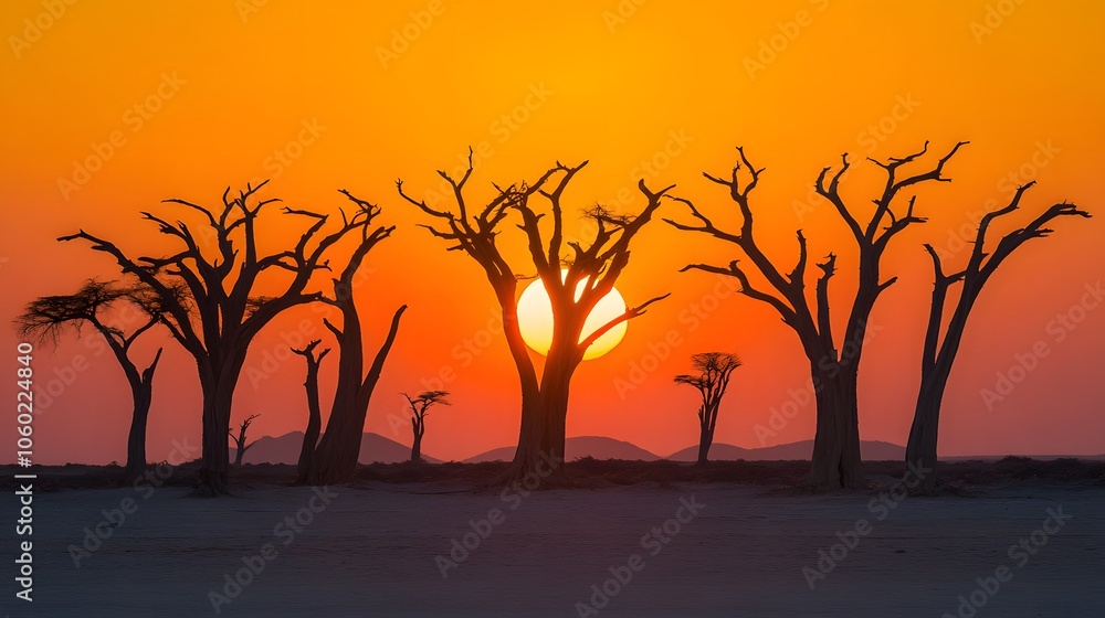 A silhouette of an Indian tree against the backdrop of a sunset, with the sun setting in the background A silhouette of an Indian tree against the backdrop of a sunset, with the sun setting in the background