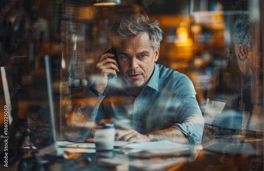 Businessman Engaged in Phone Conversation While Taking Notes in Double Exposure Businessman Engaged in Phone Conversation While Taking Notes in Double Exposure