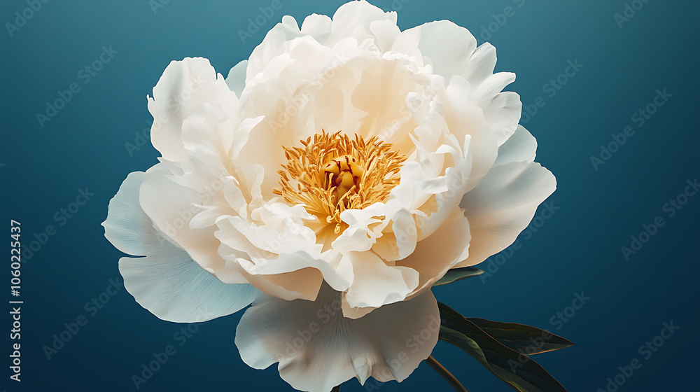 A large white peony with gold highlights on a deep blue background, captured in watercolor style. The detailed botanical art brings out the flower's delicacy and depth. A large white peony with gold highlights on a deep blue background, captured in watercolor style. The detailed botanical art brings out the flower's delicacy and depth.