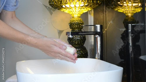 A woman washing her hands with solid soap in front of a beautiful lamp in a bathroom.