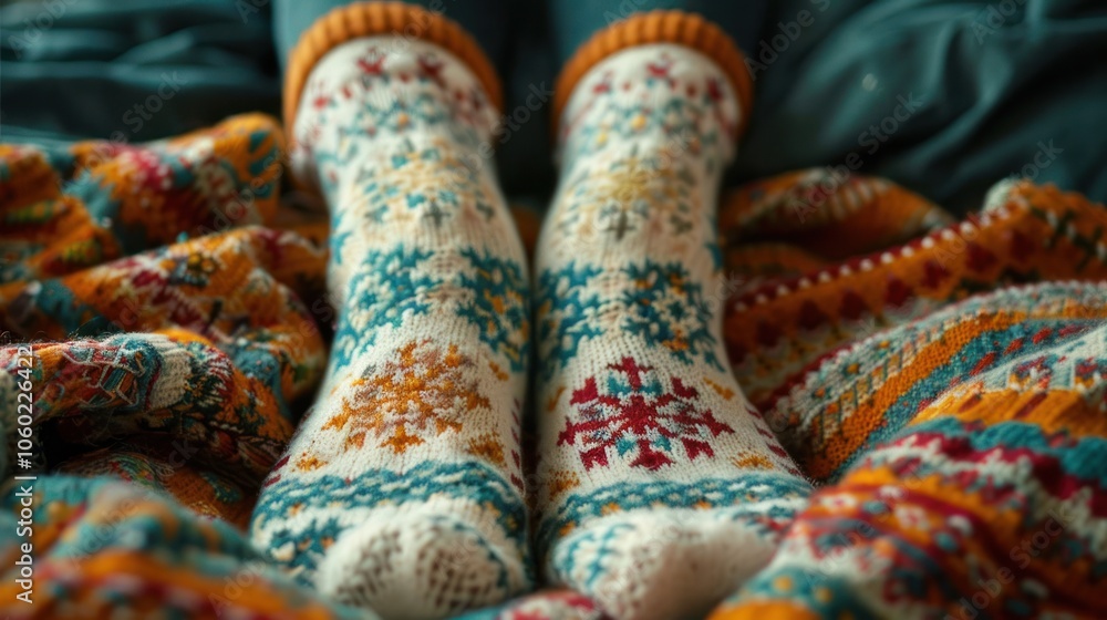 Fototapeta premium Close up view of cozy and vibrant hand knitted wool socks in festive patterns and warm colors representing a comforting and hygge inspired winter lifestyle The socks showcase intricate designs