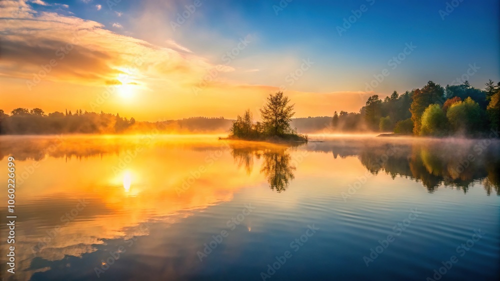 A serene lake at sunrise with mist rising from the water surface, nature, tranquility, landscape A serene lake at sunrise with mist rising from the water surface, nature, tranquility, landscape