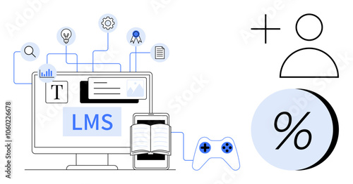 LMS on computer screen and tablet, icons for text, settings, documents, search, awards, gaming and statistics. Ideal for education, training online courses, digital learning, usability, interactive