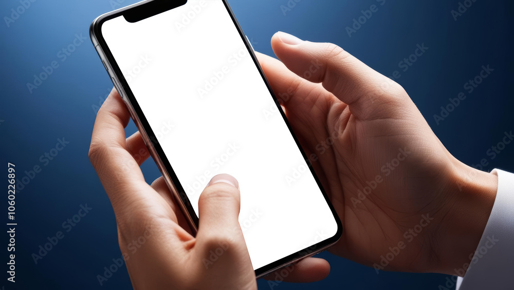 Close up hand holding smartphone with blank screen, dark blue background Close up hand holding smartphone with blank screen, dark blue background