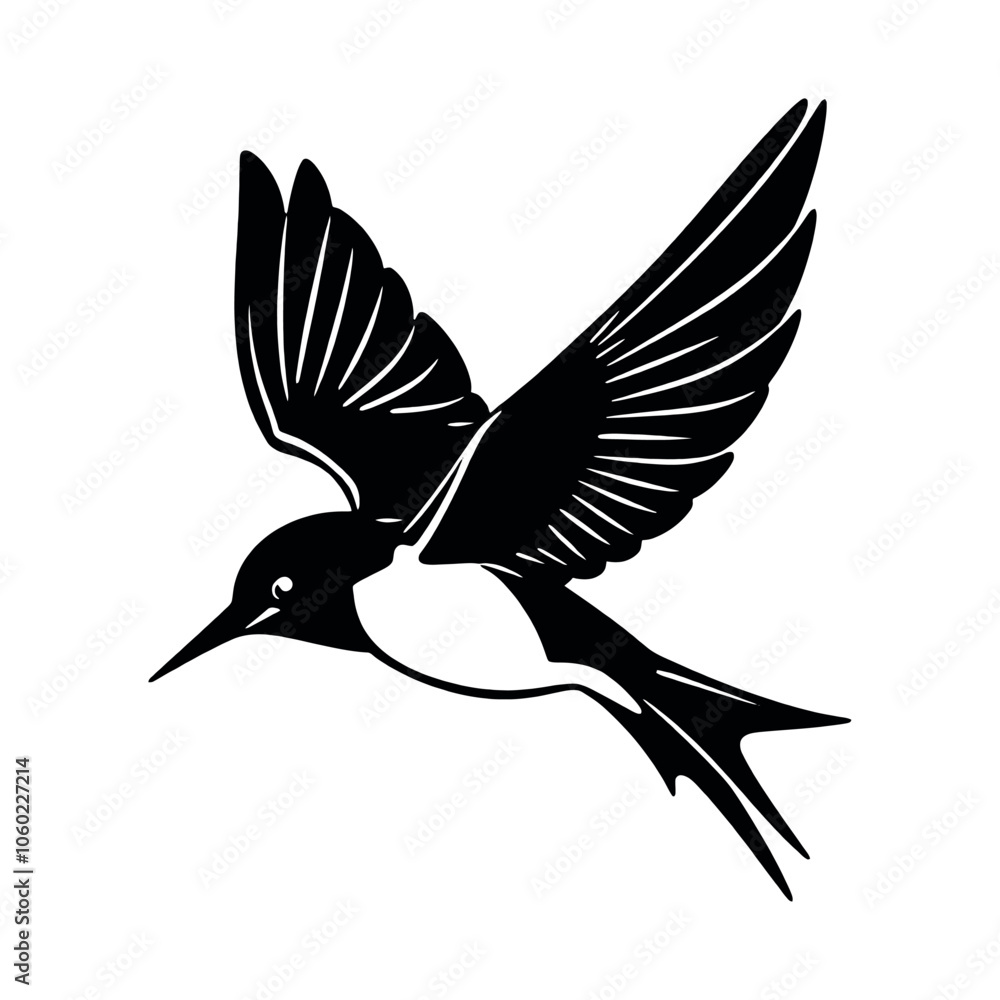 Obraz premium a Flying swallow vector silhouette, stylish pose, fill with black color isolated white background