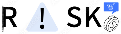 RISK spelled with letters and a warning triangle, shopping cart icon, and coin symbol. Ideal for finance, e-commerce, business strategy, online transactions, risk management, financial planning