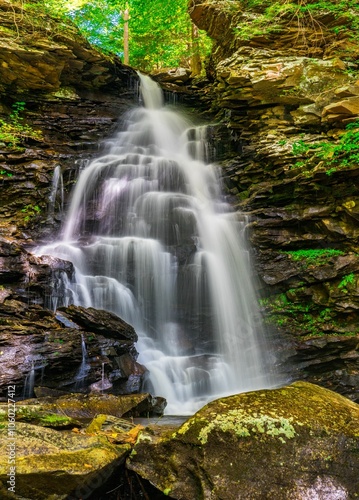View of a waterfall with moss-covered stones and surrounding greenery
