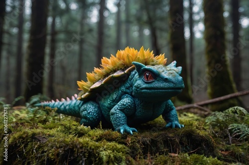 A green frog/turtle/iguana with a shelf from a moss in deep forest. Generated by AI. High resolution wallpaper.