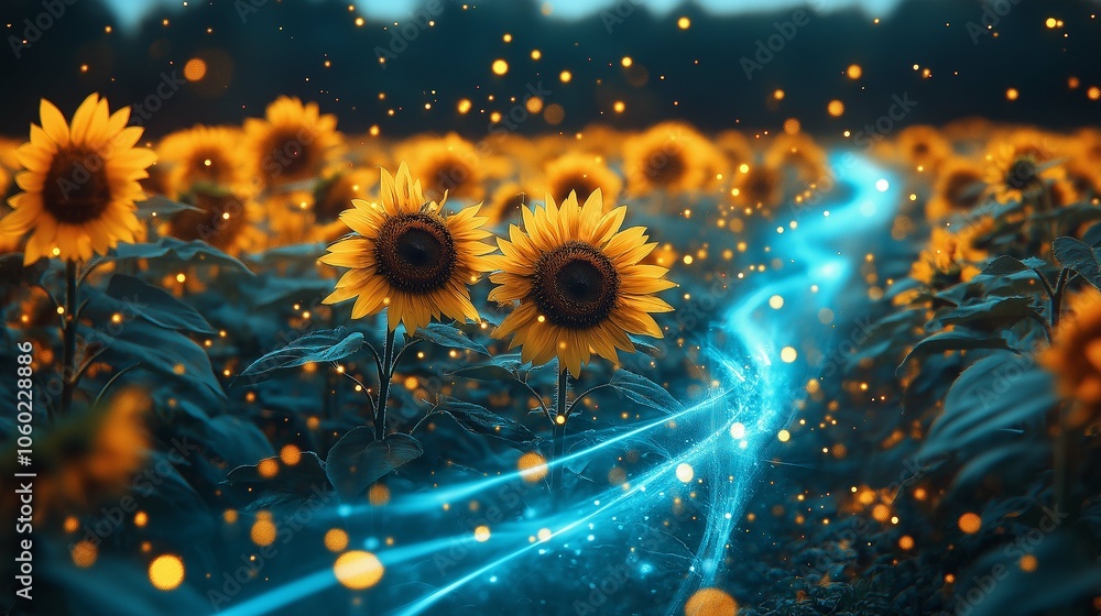 Fototapeta premium Blue Glowing Energy Flow Through Sunflower Field