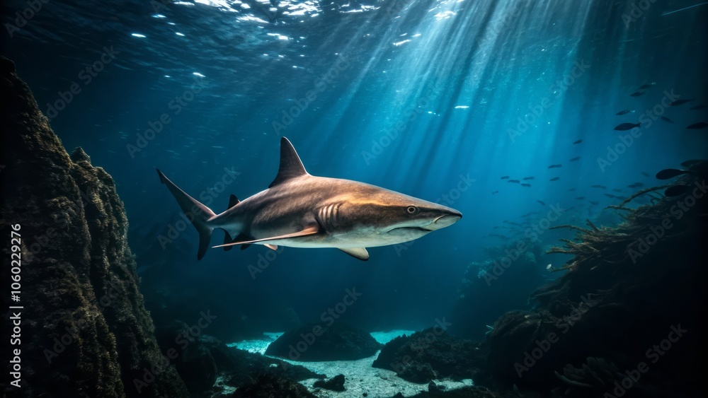 Fototapeta premium Lonely Heterodontus Shark in Dark Mysterious Blue Underwater Setting with Ethereal Atmosphere