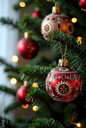 Close-up of intricate Hungarian Christmas decorations on a Christmas tree, glass baubles with folk patterns, warm holiday lighting