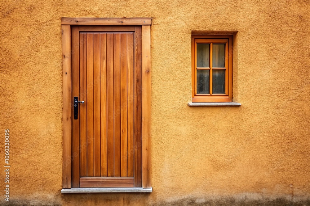 Fototapeta premium Close-up of a wooden door with a small window in the background on a warm brown wall, door, home, brown, design