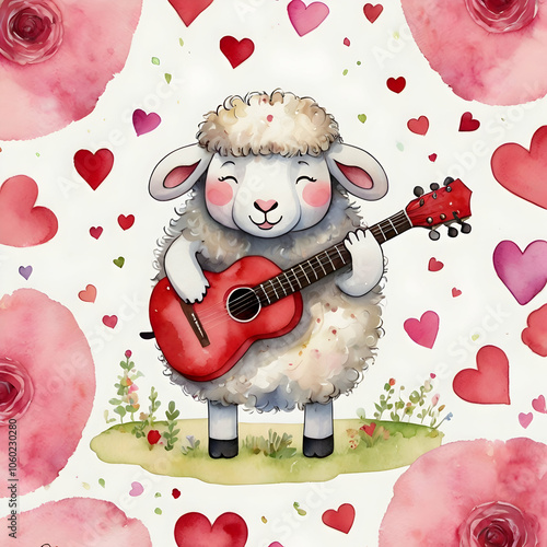 This charming watercolor-inspired image shows a cute cartoon sheep playing guitar and singing a love tune. The sheep, with large, expressive eyes and soft, rounded details, is surrounded by scattered  photo