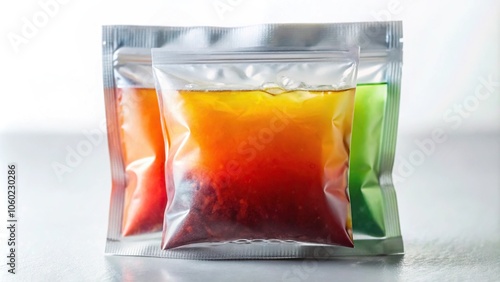 Close-up shot of a single serving of an energy drink mix packet in a transparent plastic bag, minerals, energyboost, healthsupplements, snack photo