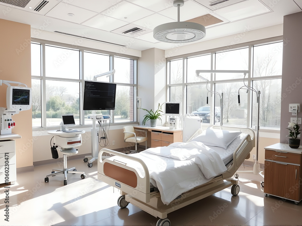 A hospital room featuring a bed, a desk, and a chair, designed for patient care and comfort. A hospital room featuring a bed, a desk, and a chair, designed for patient care and comfort.