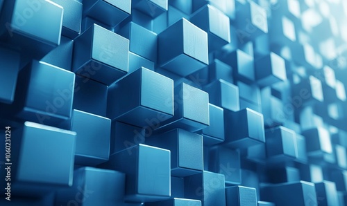 A close-up view of a textured blue wall made of interlocking cubes.