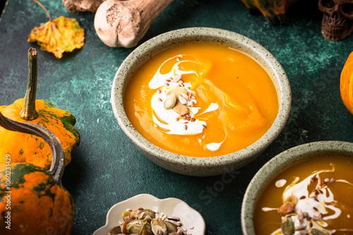 Vegetarian autumn pumpkin cream soup