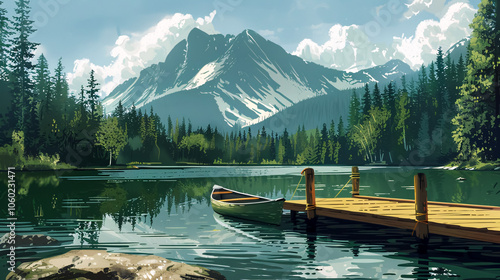 A serene mountain lake surrounded by pine trees, with a wooden dock and a canoe floating on the water.