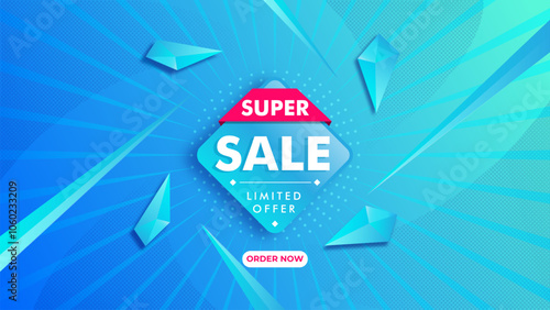 Sale Banner Template Design with Gradient Blue Comic Background, Super Sale, End of Season Special Offer Banner Illustration.