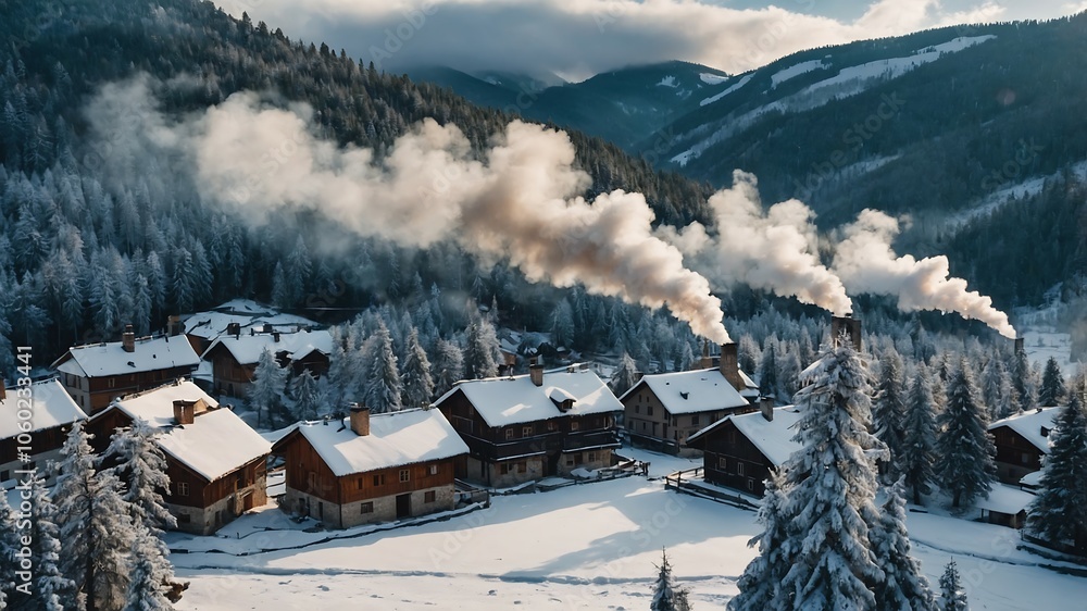 Górska wioska w zimowej scenerii