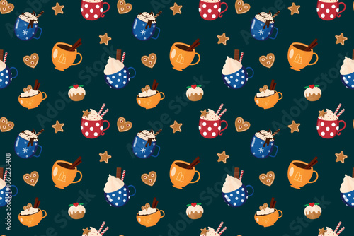 Festive seamless pattern for Christmas and New Year with colorful cups, gingerbread cookies and cupcakes. Winter hot drinks. Ideal for packaging, cards, fabric. Vector illustration