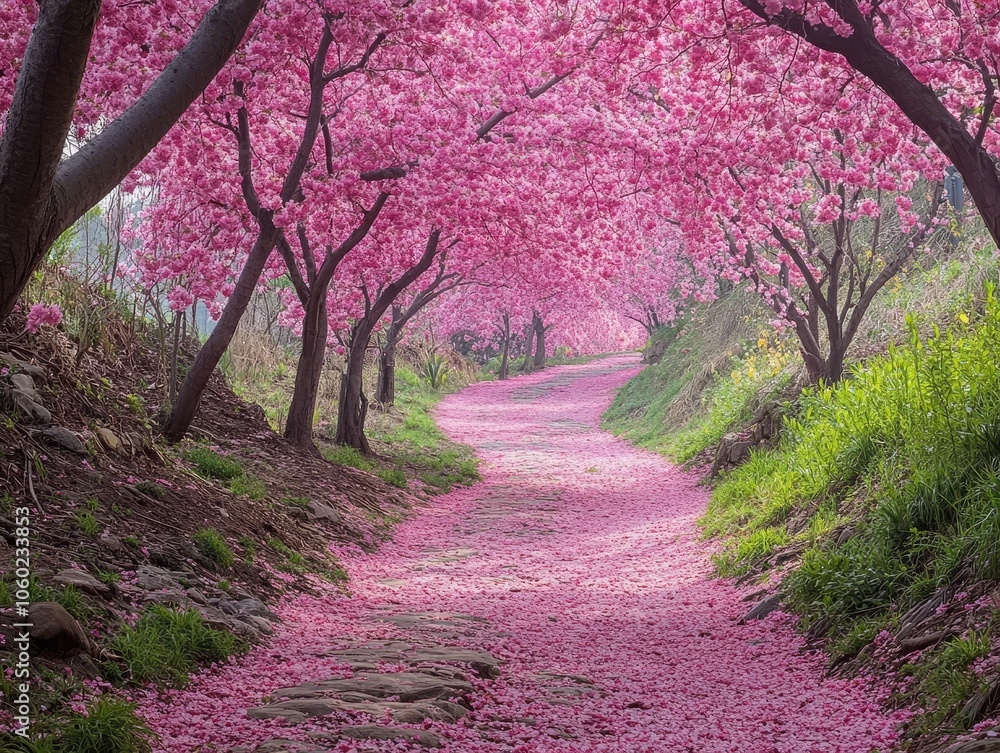 Pink Cherry Blossom Trees Tunnel Path Landscape Pink Cherry Blossom Trees Tunnel Path Landscape