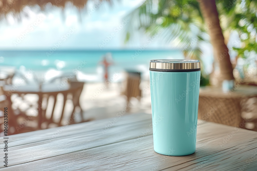 Blue Insulated Travel Mug on Wooden Table by the Beach