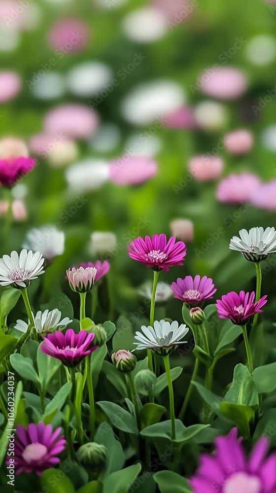 A field of purple and white daisies, captured in the vibrant colors A field of purple and white daisies, captured in the vibrant colors