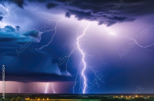 Lightning Strike Over Cityscape at Night