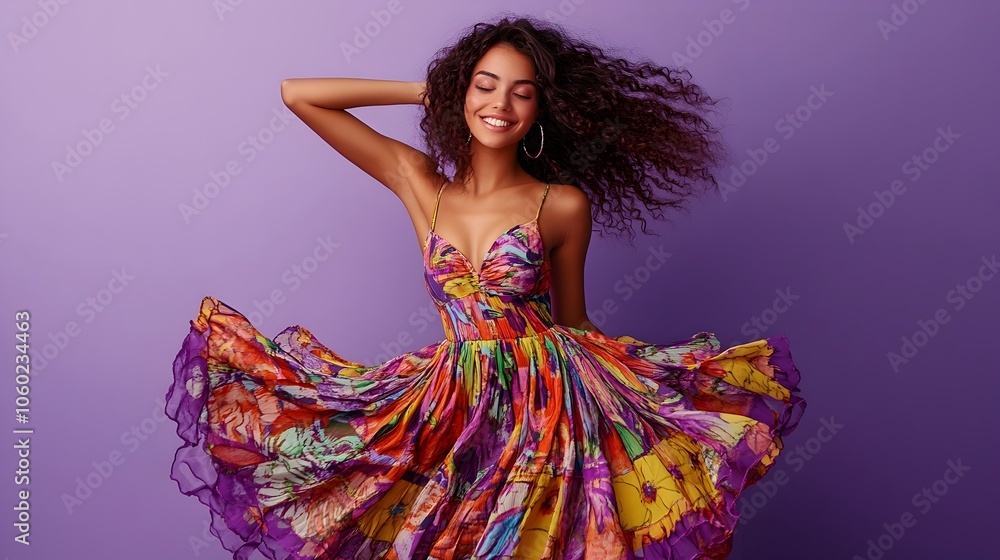 Energetic and Captivating Portrait of a Young Latina Woman Dressed in a Vibrant Colorful Sundress Posing with Joyful Expressions in a Studio Setting with a Plain Purple Background Energetic and Captivating Portrait of a Young Latina Woman Dressed in a Vibrant Colorful Sundress Posing with Joyful Expressions in a Studio Setting with a Plain Purple Background