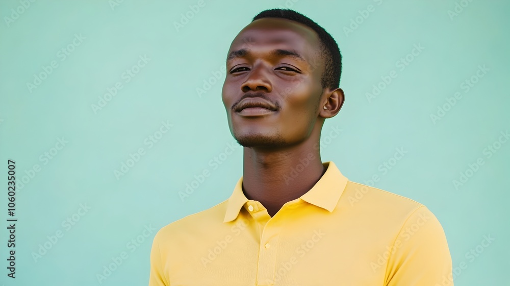 Obraz premium A poised and confident young Kenyan man exudes happiness and positivity dressed in a sharp mustard yellow polo shirt