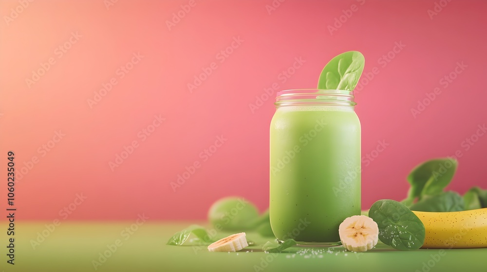 Vibrant Green Smoothie in Glass Jar with Fresh Spinach and Banana Vibrant Green Smoothie in Glass Jar with Fresh Spinach and Banana