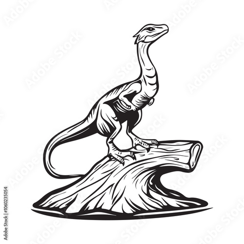 Black and White Illustration of Compsognathus dinosaur on a Wooden Log, Detailed Vector Design