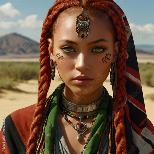 In anime style, a medium shot of a woman with giant, vibrant green eyes detailed with red and black accents. Her deep auburn braids are decorated with shining beads, and her olive skin bears bold trib