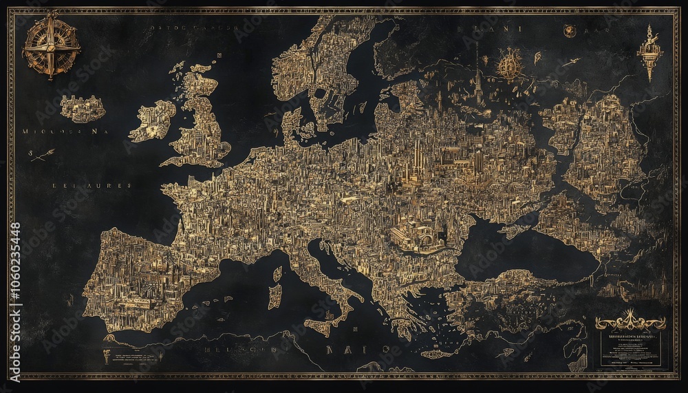 Naklejka premium Europe Map with Golden Cities.