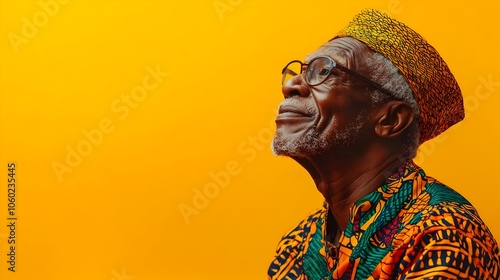 Full body portrait of an elderly Nigerian man dressed in a vibrant patterned dashiki clothing against a plain ochre studio backdrop with a happy and content expression on his face