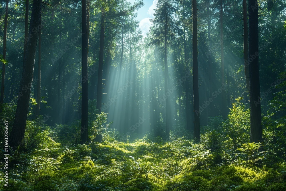 Obraz premium Sunbeams Through Misty Forest Trees
