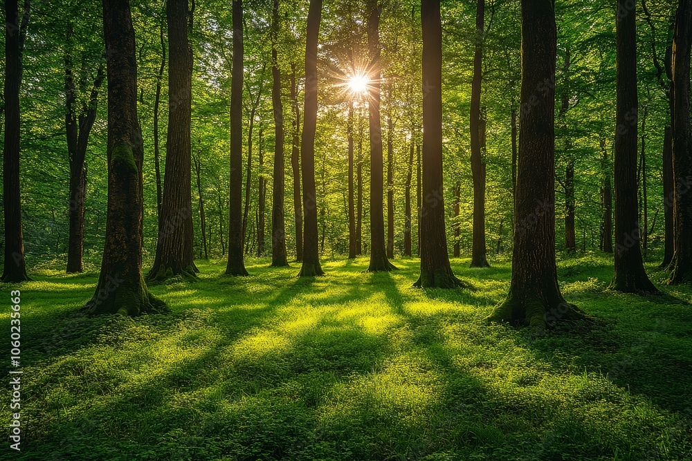 Naklejka premium Sun Rays Through Forest Trees